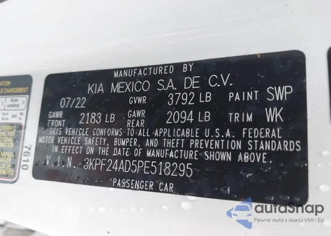 2023 Kia Forte Lxs из США, поврежденный, VIN 3KPF24AD5PE518295